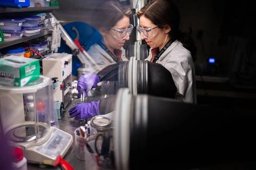 Sandia National Laboratories electrochemist Aliya Lapp prepares a sample of upcycled lithium battery cathode for testing. (Photo by Craig Fritz)