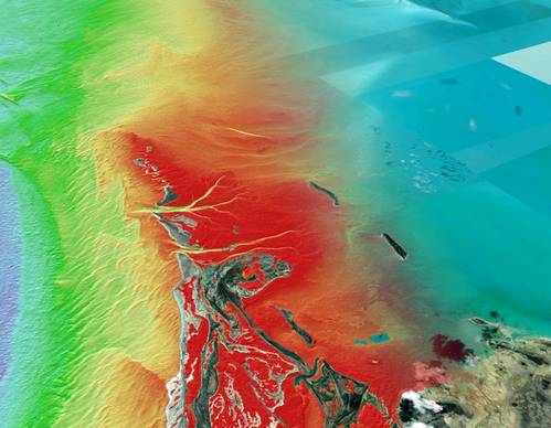 10m Satellite Derived Bathymetry of Long Island, Bahamas produced from multiple Sentinel 2 satellite images. Image contains modified Copernicus Sentinel data 2021. Imagery Credit: Esri World Imagery Basemap, Maxar