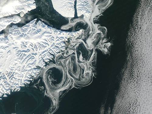 Satellite image of fine-scale currents with drifting sea-ice near eastern Greenland. Image Credit NASA