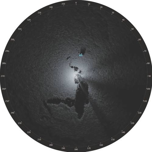 A screenshot taken from the sigma S6 Ice Navigator in use, showing an iceberg being targeted in thick pack ice. (Image: Rutter)