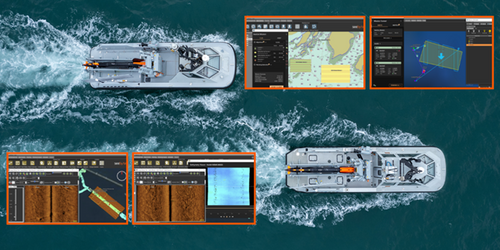 Screenshots of SeeByte’s software showing Mission Planning, Monitoring and Post Mission Analysis for the SeaCat AUV (© 2024 SeeByte Ltd). Background image: ATLAS ELEKTRONIK UK ARCIMS with SeaCat onboard (© 2024 ATLAS ELEKTRONIK UK).