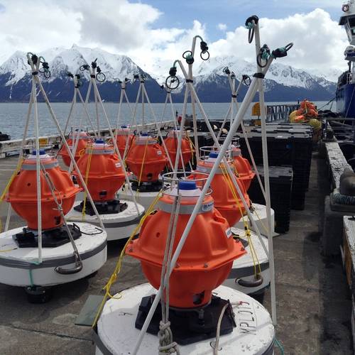 The seabed instruments which make up Sonardyne’s seabed deformation monitoring system sit wating to be deployed off the coast of Canada. Image credit: David Chadwell/ Scripps Institution of Oceanography