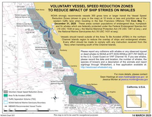 The 2025 season for the voluntary NOAA and Protecting Blue Whales and Blue Skies (BWBS) programs will begin on May 1 and conclude on December 31. Credit: NOAA