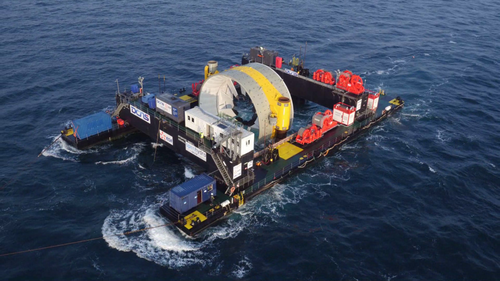 A second turbine bound for EDF’s Paimpol-Bréhat tidal array was deployed by DCNS' OpenHydro in May (Photo: DCNS)