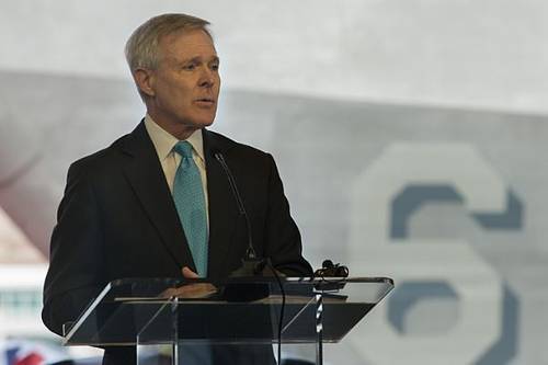 Secretary of the Navy (SECNAV) Ray Mabus delivers remarks during the christening ceremony for the future USS Jackson (LCS-6). During his speech, Mabus spoke about the littoral combat ship's capabilities as well as its namesake. (U.S. Navy photo by Mass Communication Specialist 1st Class Arif Patani/Released)