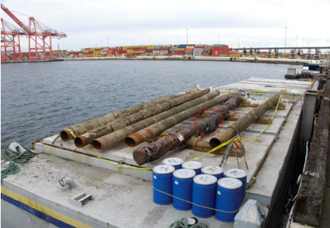 Six segments of damaged pipeline that were removed for replacement. The leak site, circled in red, was observed on the segment shown wrapped in a tarp. (Photo: NTSB)