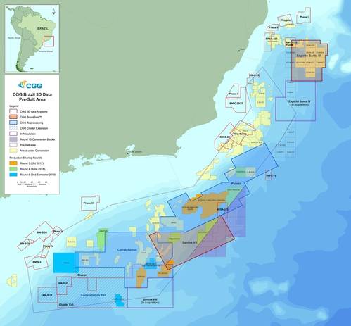 Map showing CGG’s 3D data coverage in the pre-salt area offshore Brazil. (Photo: CGG)