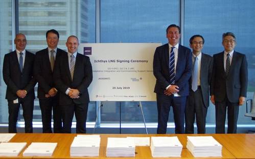 Shown from left to right at the contract signing: William Calligeros, McDermott Country Manager Australia, NZ & PNG; Derek Price, BHGE Regional Sales Leader; Graham Gillies, BHGE Oilfield Equipment Vice President; Ian Prescott, McDermott Senior Vice President Asia Pacific; Hideki Iwashita, INPEX Vice President Finance and Technology Services; and Yosuke Ueda, INPEX Vice President Asset Managem (Photo: McDermott)