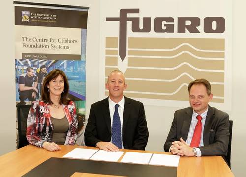Signing of the agreement for the new ‘Chair of Geotechnics’ at UWA. From left: Professor Robyn Owens, UWA’s Deputy Vice-Chancellor (Research); Dr. Phil Watson, Director of Fugro Advanced Geomechanics in Perth and Fugro’s Global Service Line Manager GeoConsulting; and Peter Burger, Managing Director of Fugro Advanced Geomechanics.