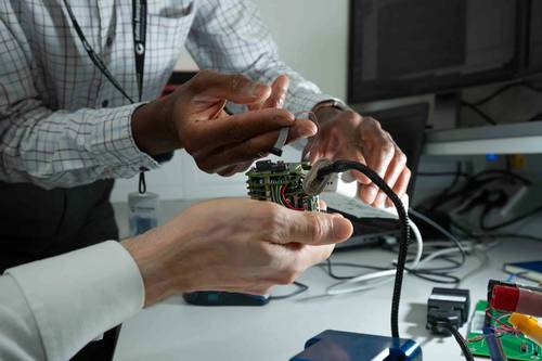 Silicon Sensing engineers working on an IMU prototype. © Silicon Sensing Systems