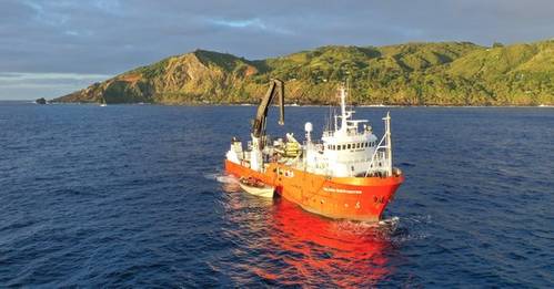 MV Silver Supporter on the previous expedition to Henderson Island, 2019. (Photo: Luke Hosty)