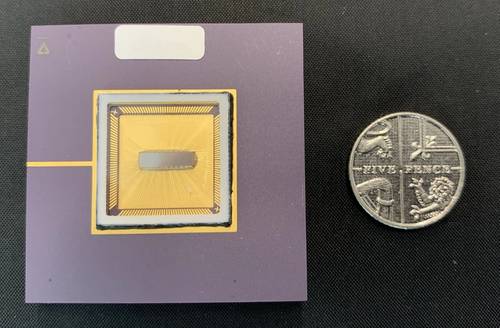 A single photon avalanche diode (SPAD) sensor from the University of Edinburgh, with a five pence coin for scale. (Image: Sonardyne)