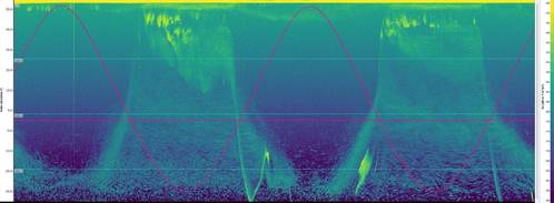 Solar elevation data (oscillating pink line) overlaid on Nortek Signature 100 data, providing context for diel vertical
migration patterns in backscatter. The horizontal line marks 0° solar elevation, allowing day (above the line) and
night (below the line) to be quickly confirmed. © Echoview Software