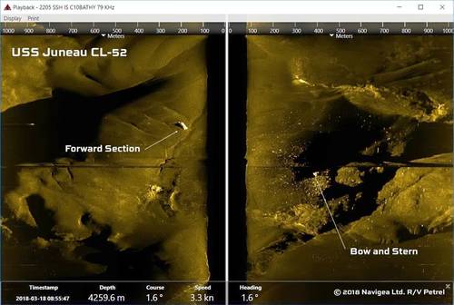 Side Scan Sonar Image of USS Juneau Wreckage on the Sea Floor. Credit to Paul Allen, the R/V Petrel team.