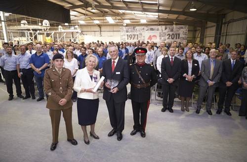 Sonardyne's Managing Director, John Ramsden (centre) in seen here receiving the Queen's Award for Enterprise from the Lord-Lieutenant of Hampshire, Dame Mary Fagan, during her visit to the company's global headquarters.