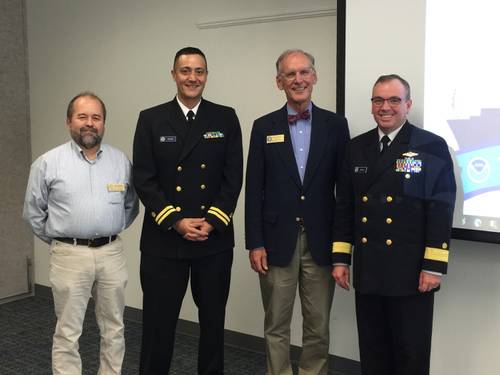 At the stakeholder meeting in Maine: Mark Kontio, Maine staff assistant for Congressman Bruce Poliquin; Lt. David Vejar, northeast navigation manager; Chris Rector, regional representative for Senator Angus King; Rear Adm. Shep Smith, director of Office of Coast Survey. (Photo: NOAA’s Office of Coast Survey)