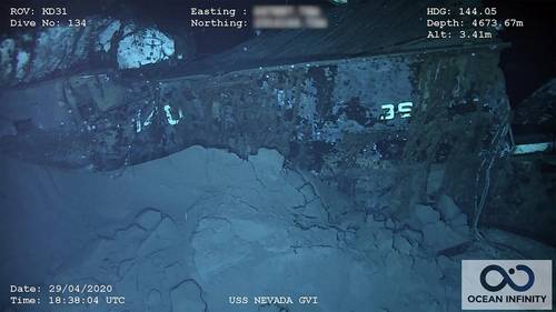 The stern of the wreck has the remains of “36” and “140.” Nevada’s designation was BB-36 and the 140 was painted on the structural “rib” at the ship’s stern for the atomic tests to facilitate post-blast damage reporting. (Photo: Ocean Infinity/SEARCH, Inc.)