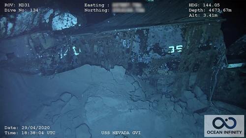 The stern of the wreck has the remains of “36” and “140.”  Nevada’s designation was BB-36 and the 140 was painted on the structural “rib” at the ship’s stern for the atomic tests to facilitate post-blast damage reporting. (Photo: Ocean Infinity/SEARCH, Inc.)