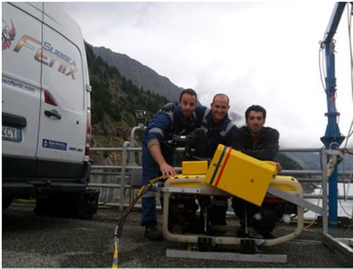   The Subsea Fenix team with the Falcon and its retractable system lowered (photo courtesy of Saab Seaeye).