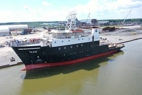 R/V Taani is docked in Houma, La. after its launch. Once completed, the National Science Foundation-funded vessel will be operated by Oregon State University. (Photo by Daryl Lai / Oregon State University)