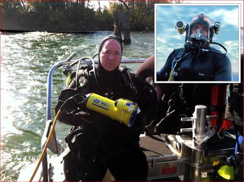 Tonawanda police diver with Fishers DHC-1, Inset - WJ Castle diver with Fishers MC-1