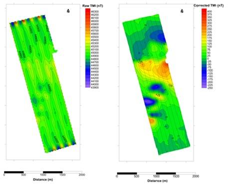 Raw uncorrected magnetic intensity collected on an AUV (left) and same data with the OFG SCM algorithms applied to output corrected magnetic intensity (right). (Image: OFG)
