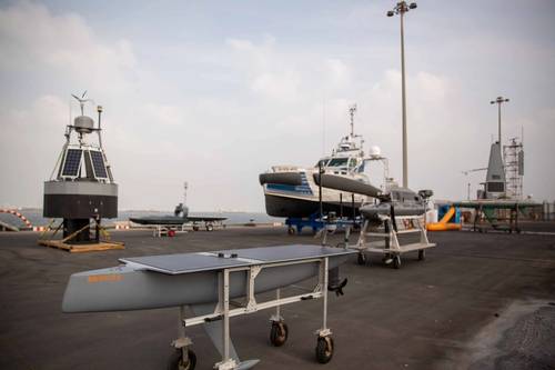 Various unmanned systems sit on display in Manama, Bahrain, Nov. 19, prior to exercise Digital Horizon 2022. (Photo: Brandon Murphy / U.S. Army)