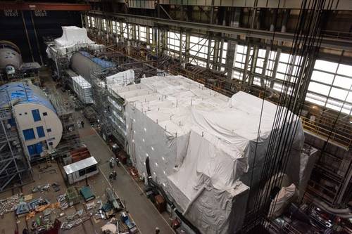 The Virginia-class submarine New Jersey (SSN 796) reached pressure hull complete in February 2021. The construction milestone signifies that all of the submarine’s hull sections have been joined to form a single, watertight unit. The boat is currently 72% complete. (Photo: Matt Hildreth / HII)