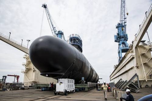 The Virginia-class submarine Indiana (SSN 789) has been launched into the James River and moved to Newport News Shipbuilding’s submarine pier for final outfitting, testing and crew certification. (Photo: Ashley Major/HII)
