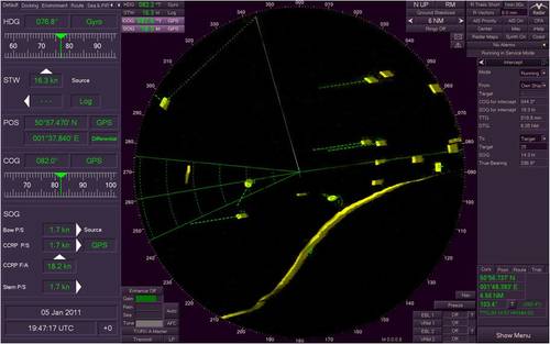 VisionMaster's Additional Military Layers include a Target Intercept feature which allows the operator to plan and execute intercept manoeuvres between one vessel and another. (Image: Sperry Marine)
