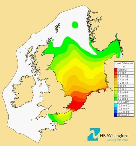 HR Wallingford’s model predictions of an example major storm surge event (1 in 20 year return) around the U.K. coastline.