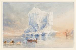 1836 watercolor painting by Admiral Sir George Back, then in command of the HMS Terror on a voyage to Hudson’s Bay, shows the ship and one of her boats beside an iceberg. (Courtesy: Canadian Museum of Civilization / Parks Canada)