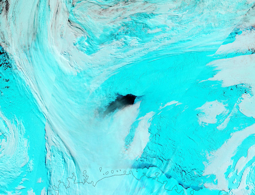 Weddell Sea polynya, initally 3,700 square miles, 2017. False color NASA satellite image shows ice in blue, clouds in white. (Photo: Scripps Institution of Oceanography)