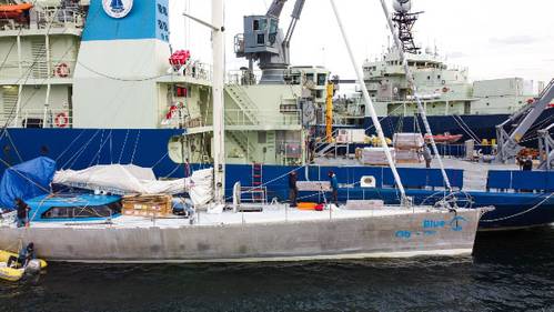 The 82- foot long S/V Iris tied up at the Woods Hole Oceanographic Institution dock, moored next to WHOI’s R/V Armstrong. The Iris departed Woods Hole on December 14, and will spend the next two months deploying about 78 Argo floats in the South Atlantic, before finishing its epic voyage back in Brest, France. Credit: Blue Observer