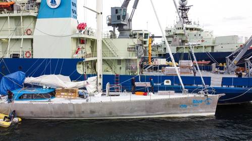 The 82- foot long S/V Iris tied up at the Woods Hole Oceanographic Institution (WHOI) dock, moored next to WHOI’s R/V Armstrong. The Iris departed Woods Hole on December 14, and will spend the next two months deploying approximately 78 Argo floats in the South Atlantic, before finishing its epic voyage back in Brest, France. (Courtesy of Blue Observer)