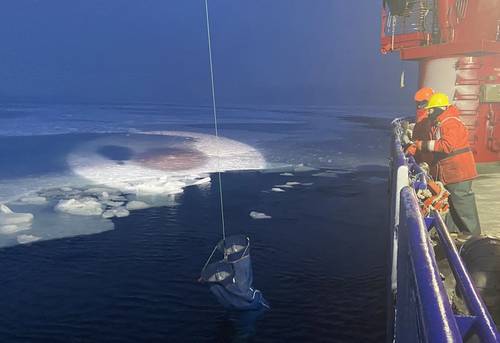 Zooplankton net tow at the Chukchi Ecosystem Observatory near Hanna Shoal. Photo credit: Seth Danielson, chief scientist