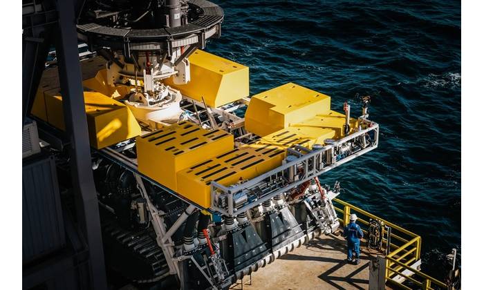 According to TMC, the Allseas-designed pilot collector vehicle awaits deployment from the Hidden Gem during the first integrated system trials in the Clarion Clipperton Zone of the Pacific Ocean since the 1970s. -©TMC