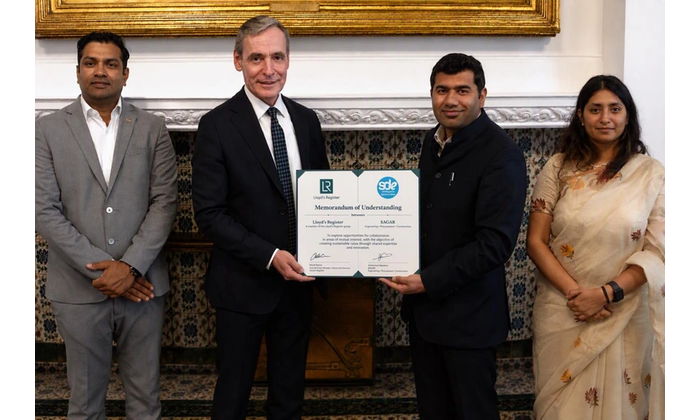 The attached image shows (l-r) Ankit Kumar, Plant Director, SDEL; David Lloyd, Vice President, Naval and Government Business, Lloyd’s Register; Mridul Babbar, Director, SDEL; and Sanyukta Singh, Chief Human Resources Officer, SDEL. Credit: LR