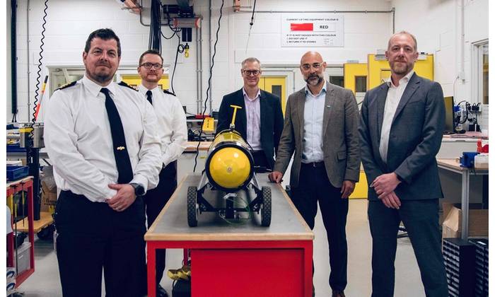 L-R: Captain Jim Lovell - Navy Develop - Head of Underwater Battlespace Capability, Commander Mark Butcher - Navy Develop - Hydrographic, Meteorology and Oceanographic Capability Sponsor, Jon Godsell, Maritime Systems Programme Manager, Dstl, NOC CEO Dr John Siddorn, and Andy Liddell, Head of Maritime Unmanned System, SALMO and Boats, Defence Equipment & Support (DE&S).
Credit: NOC
