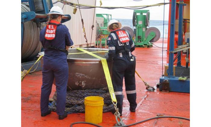 Coast Guard marine safety engineers conduct a survey of the aft titanium endcap from Titan in the North Atlantic Ocean October 1, 2023. (Photo: U.S. National Transportation Safety Board)