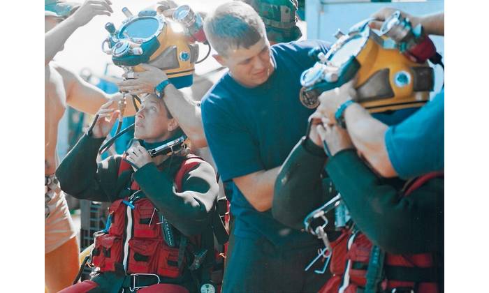 Commander Bobbie Scholley and Captain Chris Murray in Mk 21 with DUI hot water suits in preparations to dive to 240 fsw during MONITOR Expedition 2001. Photo courtesy of US Navy/Released.