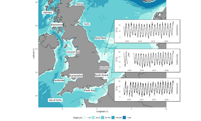 The red dots mark locations of Cefas maintained buoys, with graphs showing sea temperatures from three sites in the southern North sea and eastern English Channel. (Image: Cefas)