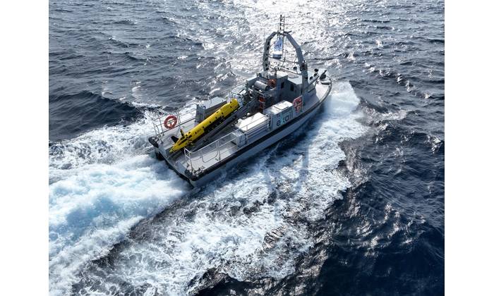 Exail has developed a modular LARS that can handle both AUVs and towed underwater vessels from an unmanned surface vessel. Credit: Exail