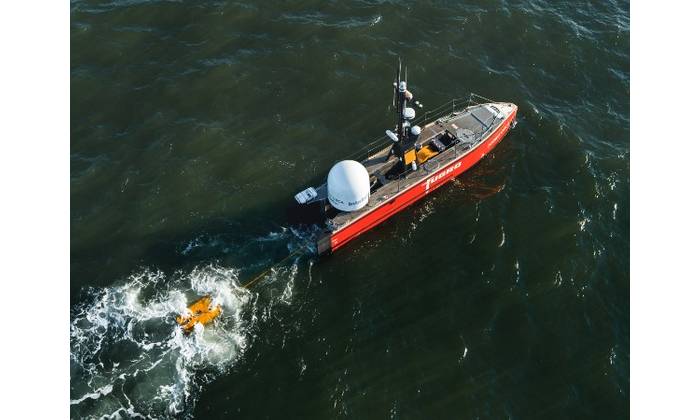 The Fugro Blue Essence uncrewed surface vehicle retrieves the Fugro Blue Volta electric remotely operated vehicle in the North Sea on March 3, 2022. Credit: Fugro
