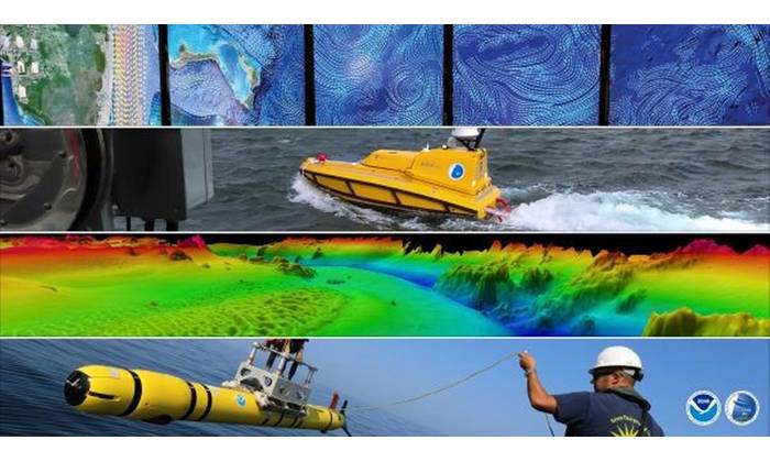 A group of four images (top to bottom): an image of the Visual Lab at University of New Hampshire/Joint Hydrographic Center, an uncrewed surface vessel during survey operations, a digital terrain map of the entrance to Portsmouth Harbor, NH., and an image of an autonomous underwater vehicle being deployed. (Image credit: NOAA and University of New Hampshire/Joint Hydrographic Center)