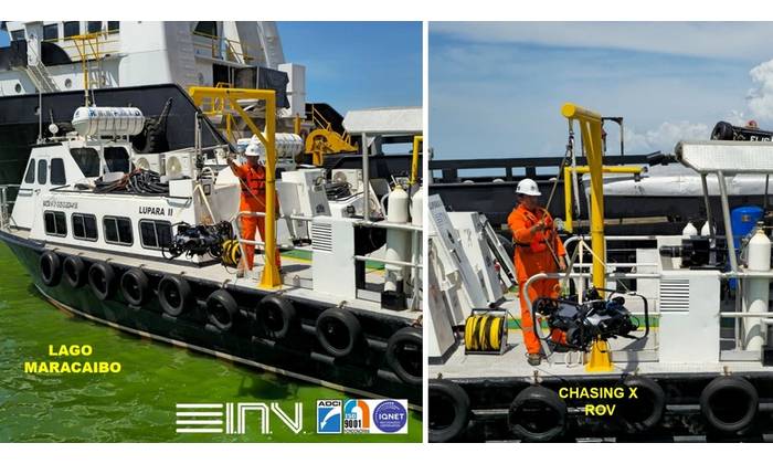 An INMARVENCO C.A. crew deploys a CHASING X industrial ROV from the support vessel Lupara II during an underwater pipeline inspection in Lake Maracaibo, Venezuela.Courtesy of INMARVENCO C.A. and CHASING.