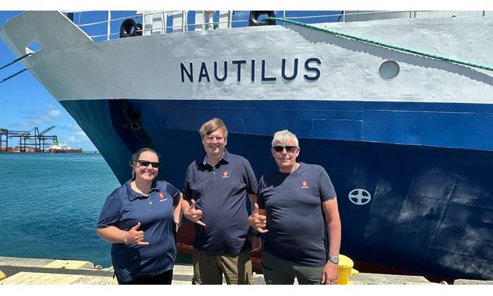 The KONGSBERG team dockside in Honolulu ahead of the NA178 expedition - Colleen Peters, Jørn Horvik, and Knut Terje will spend 14 days at sea testing the EM 304 MKII aboard E/V Nautilus (Credit: Kongsberg Maritime)