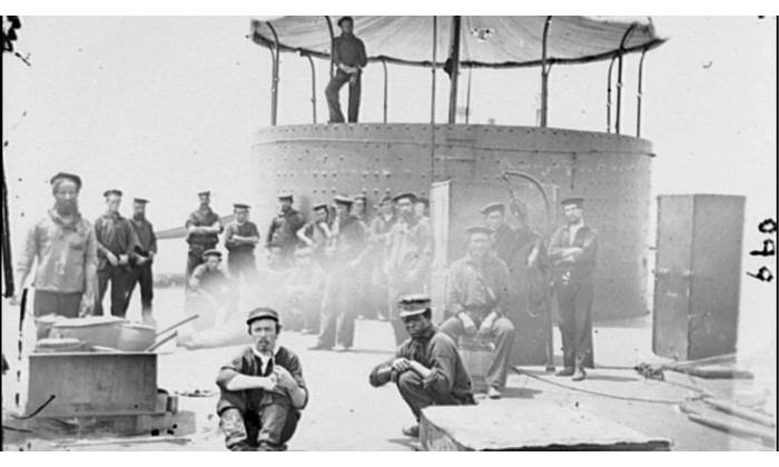 The USS Monitor crew rests on deck. This photo is one of eight photos taken on July 9, 1862, by photographer James F. Gibson. (Image credit: Library of Congress photograph)