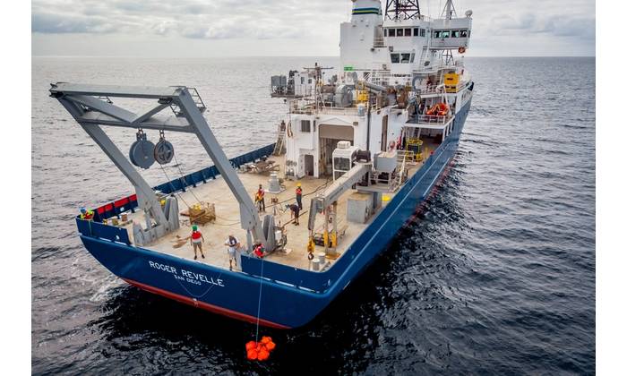 On November 4, 2020, the R/V Roger Revelle is pictured out at sea for a ten-day commissioning and calibration cruise following its midlife refit. Engineers and techs were tasked with testing, calibrating, and commissioning the updated instrumentation and systems.  Bruce Appelgate, Associate Director of Scripps Institution of Oceanography, was the PI and chief scientist aboard.
Copyright Andrew Jorgensen / 2025 Scripps Institution of Oceanography / UC San Diego