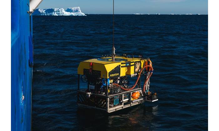Remotely Operated Vehicle (ROV) SuBastian is deployed for a dive near the Bellingshausen Sea off Antarctica. Credit: Schmidt Ocean Institute